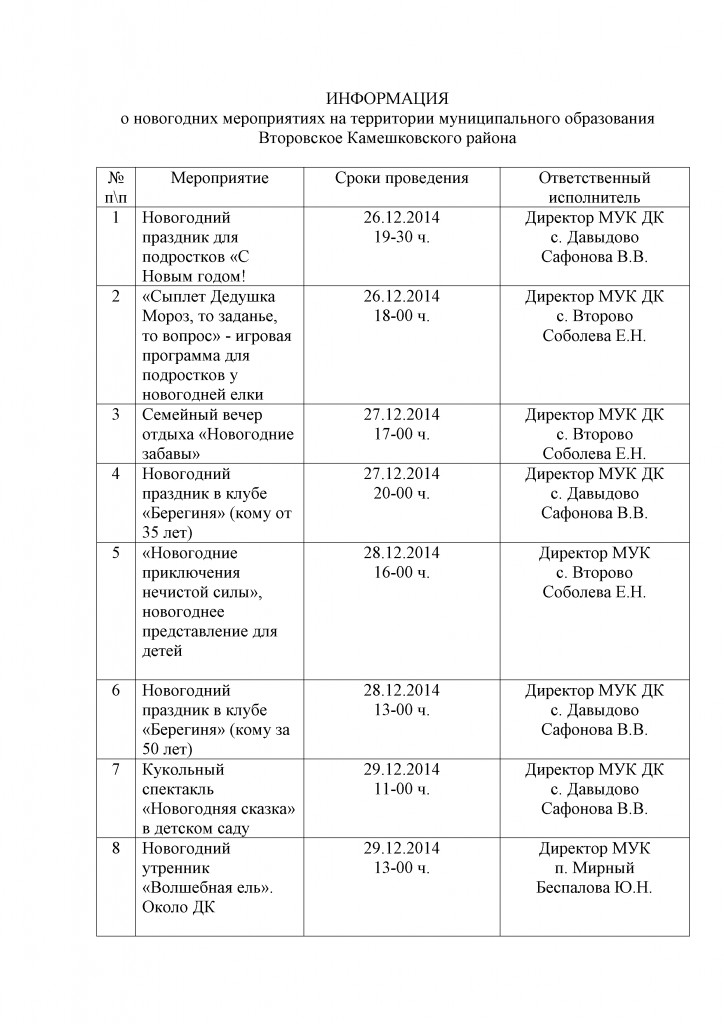 ИНФОРМАЦИЯ о новогодних мероприятиях